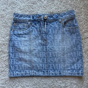 Versace Logo-Print Blue Mini Skirt